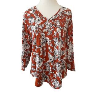 Fun2Fun V-Neck 3/4 Sleeve Rounded Hem Pumpkin Floral Print Women's S NWOT
